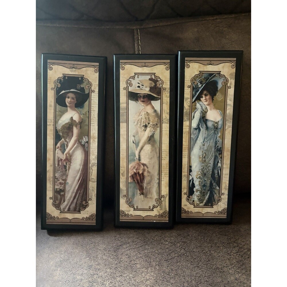 Vintage 3 Piece Set Plaque Victorian Ladies Dresses Hat Wall Hanging 10x3”